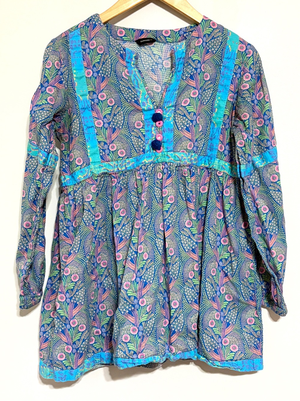 Blue & Pink Floral Boho Tunic Top Cotton Comfy Lightweight Long Sleeves Medium